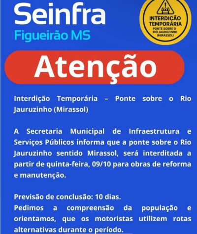 Imagem da notícia Prefeito Juvenal Consolaro anuncia interdição de ponte que cruza o Rio Jauruzim-Miraçol em Figueirão